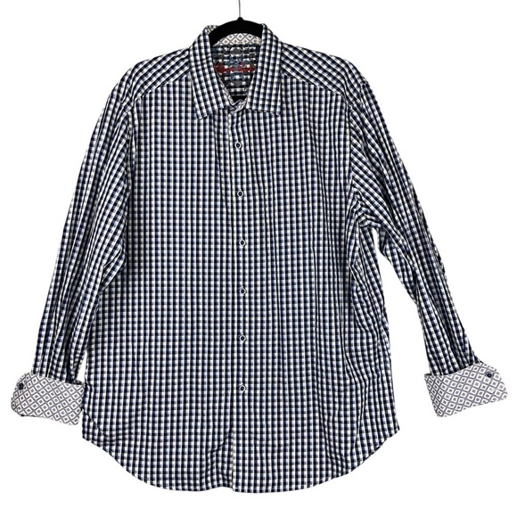 Robert Graham Shirt Mens XL Blue Gingham Plaid Flip Cuff Classic Fit - Picture 1 of 10